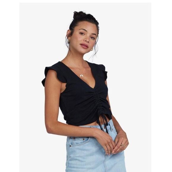Roxy Flirty Vibe Flutter Sleeve Black Top Size XS New - Picture 3 of 7